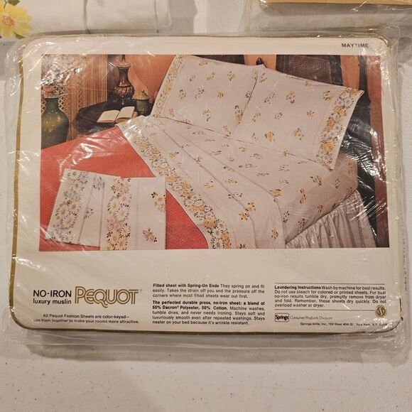 Pequot Twin Size Vintage Muslin Sheet Set Standard Pillowcases White Floral New‎ - Picture 5 of 6